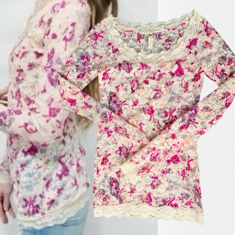 Free People Top Floral Lace Sheer Long Sleeve Ivory Pink S